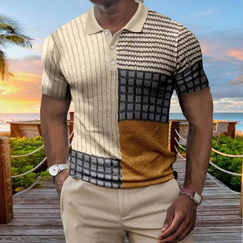 Digital pattern men's lapel short sleeved pullover