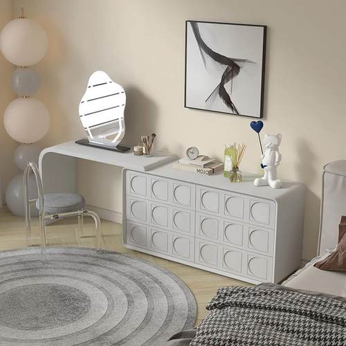 桌意式极简角梳妆台伸缩物斗SPC柜一体化妆实木小户型转储奶油风