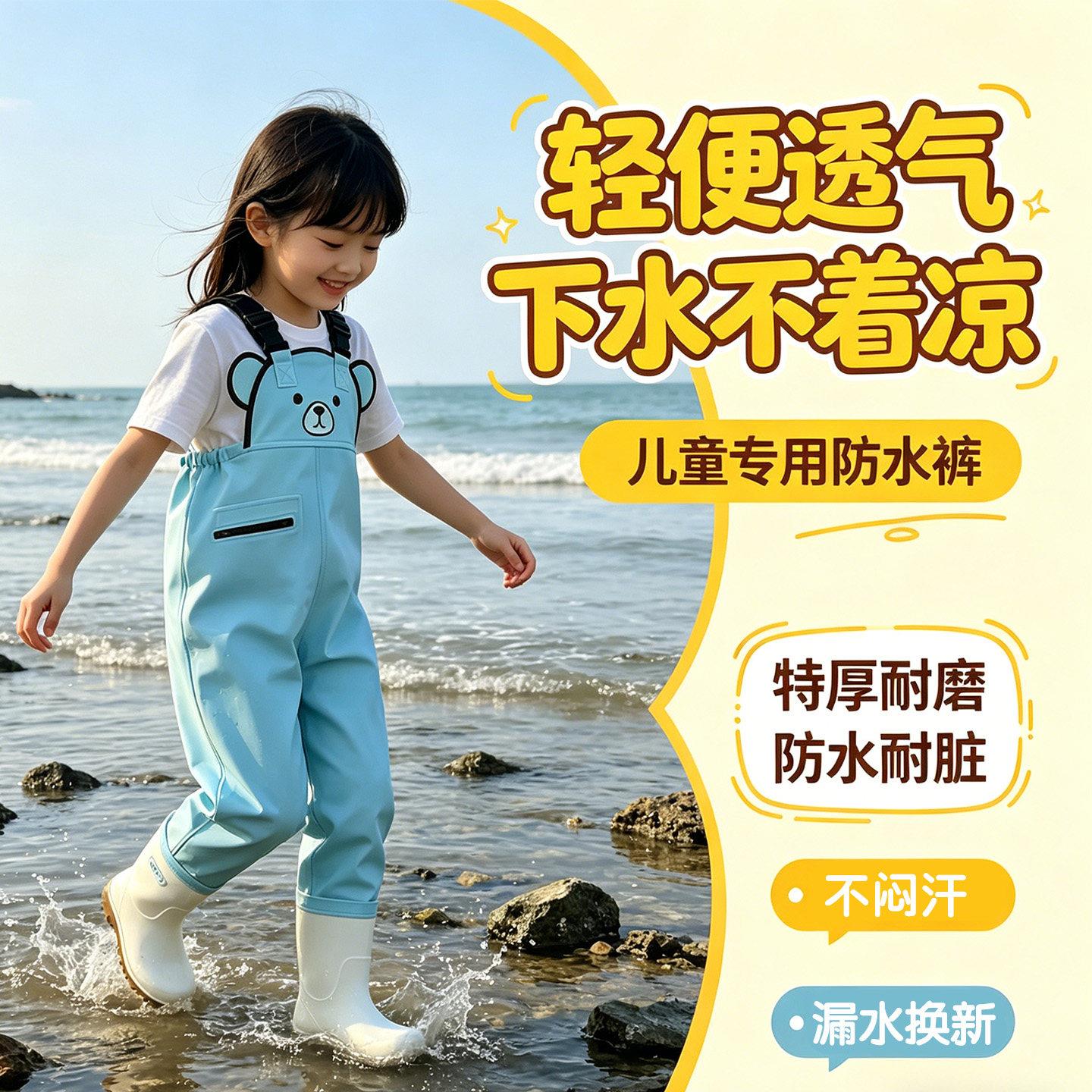 儿童赶海连体裤防水玩水连体衣赶海装备涉水服雨靴一体下水裤沙滩