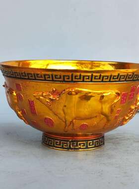 古玩杂项收藏复古做旧浮雕五牛图茶碗老铜器工艺品摆件