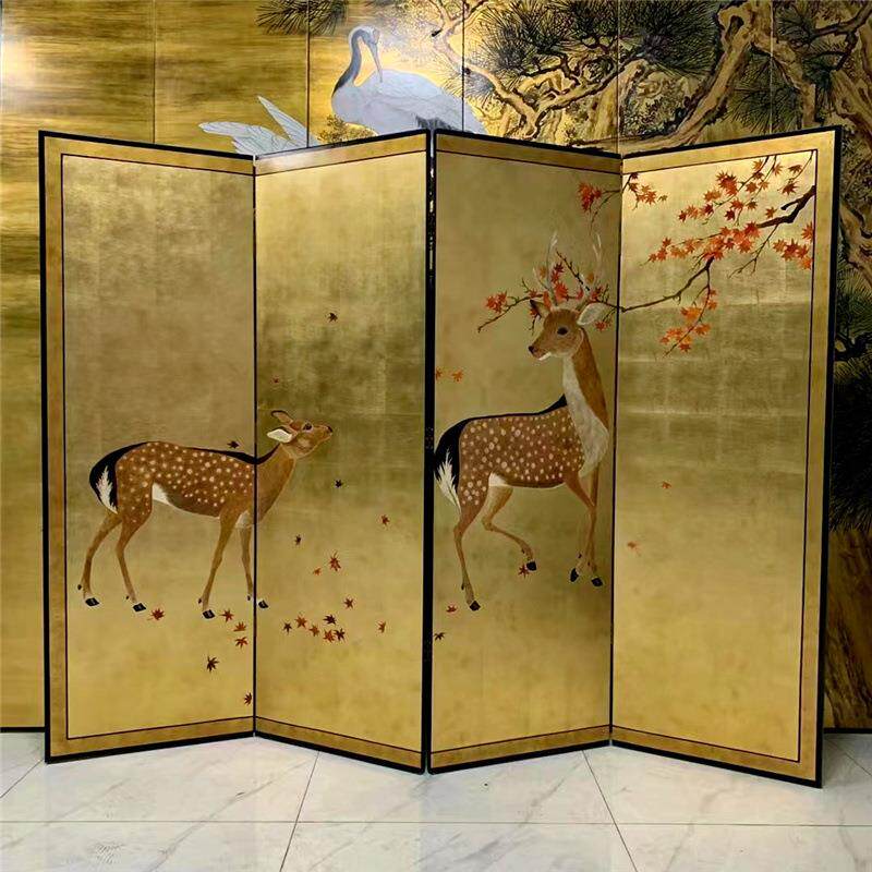 金箔屏风手绘双福鹿漆画中式待客厅办公室茶室背景隔断可移动折叠