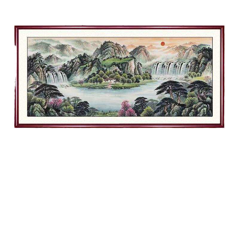 新中式客厅沙发背景墙办公室挂画实木框国画山水画鸿运当头成品带