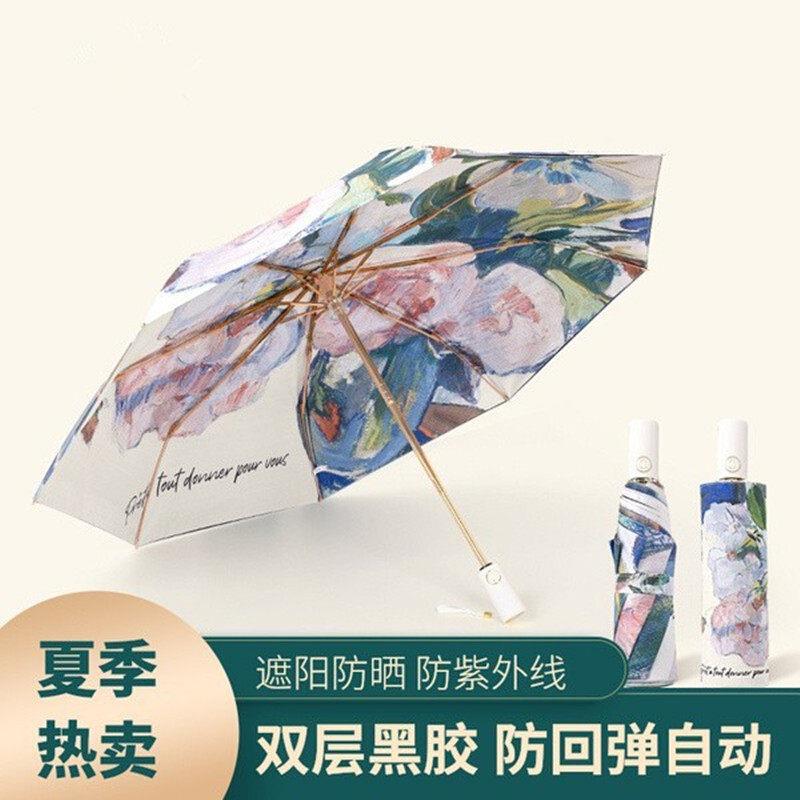 复古双层太阳伞超强防晒黑胶全自动晴雨两用折叠女防紫外线遮阳伞