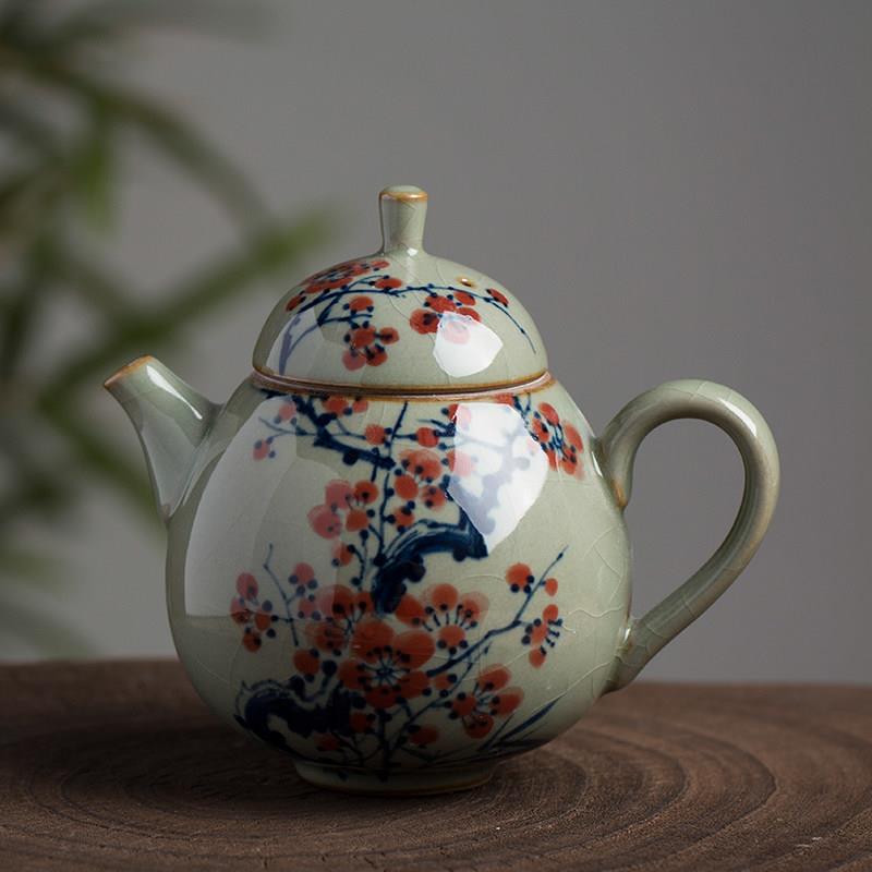 老陶泥木窑手绘泡茶梅花壶纯手工青花釉下彩开口件景德镇烧制陶瓷