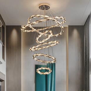 现代轻奢复式 挑高楼梯旋转家居 楼吊灯工程大厅水晶灯简约高层复式