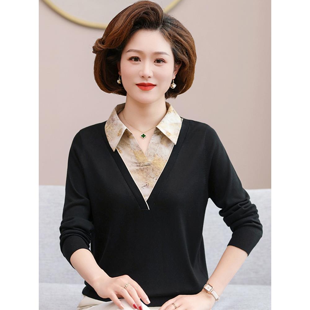 女装秋色薄款长袖t恤中年女士翻领上衣中老年春秋衬衫下装衬衫