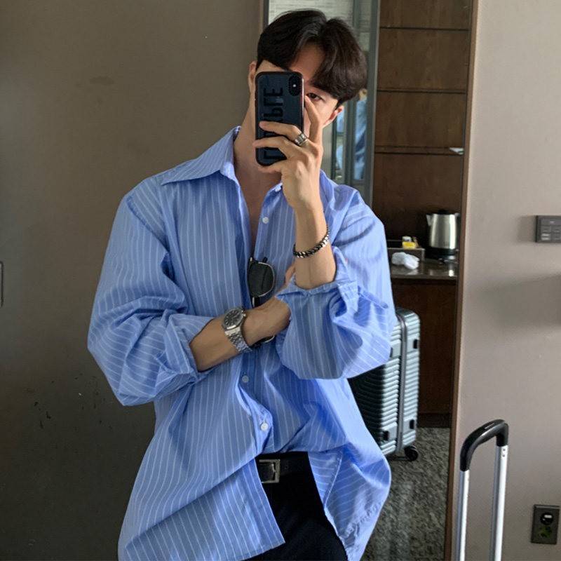 港风长袖衬衫男士夏季薄款韩版潮流宽松ins痞帅休闲 条纹衬衫外套