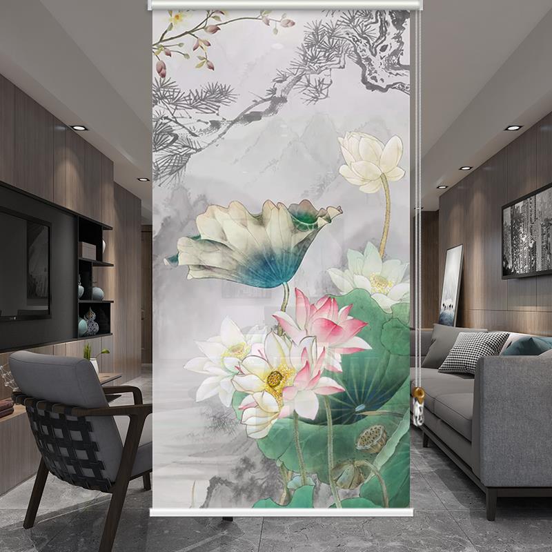 新式光荷花卷帘窗帘遮遮中阳帘复古风家客厅屏风帘电动F77J8HMJ用