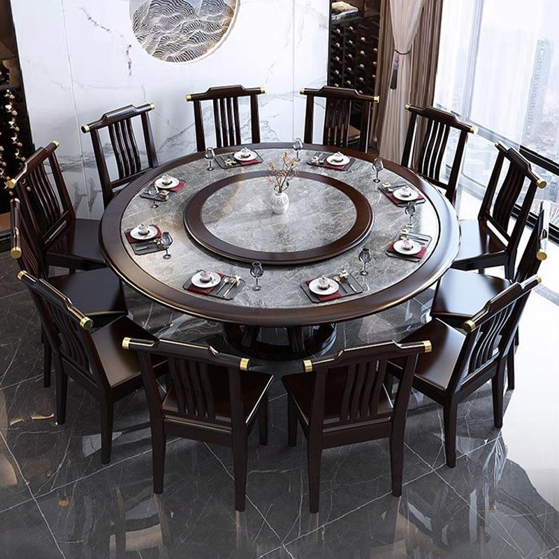 新中式岩板圆桌餐椅组合简约家用大小户型吃饭圆形桌子实木圆桌椅