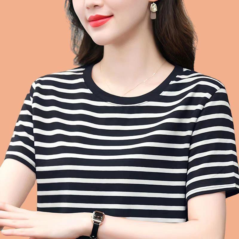 韩版百搭纯棉短袖t恤女士夏季新款时尚妈妈装宽松大尺码条纹上衣