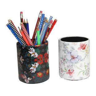 B010B 现货花朵图案皮革圆形笔筒办公家居用品收纳笔筒学生笔筒LG