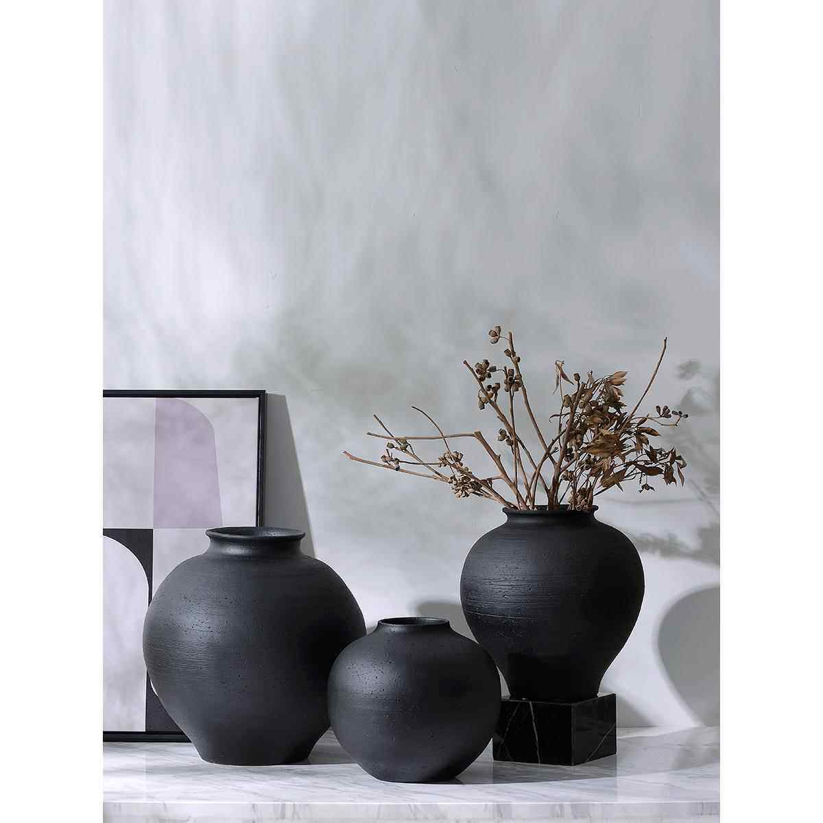 中国风Wabi-Sabi风格覆古黑色粗陶锅客厅陶瓷花瓶装饰品酒店样板