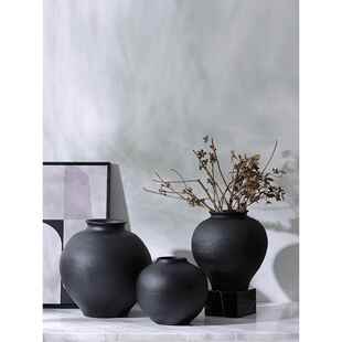 覆古黑色粗陶锅客厅陶瓷花瓶装 饰品酒店样板 Sabi风格 中国风Wabi
