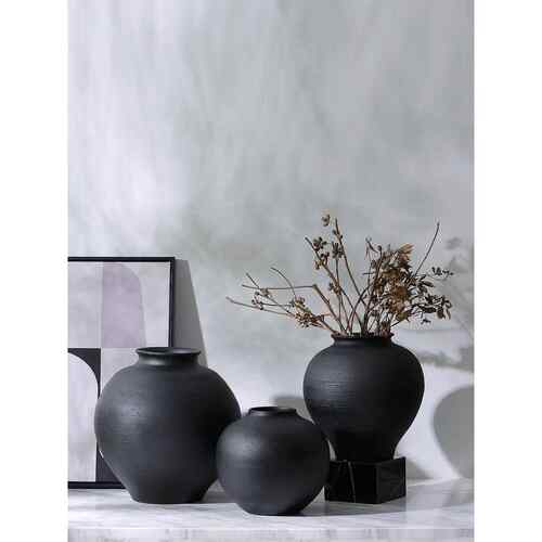 中国风Wabi-Sabi风格覆古黑色粗陶锅客厅陶瓷花瓶装饰品酒店样板