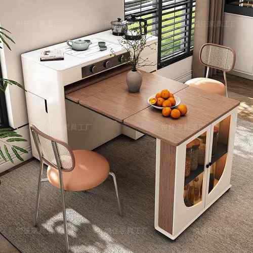 折叠岛台餐桌餐边柜一体可伸缩移动2025中古风靠墙实木小户型倒台