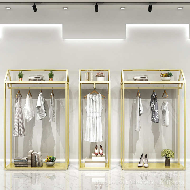 金色服装店展示架落地式双层挂衣架子男女装店铺装修设计高柜货架
