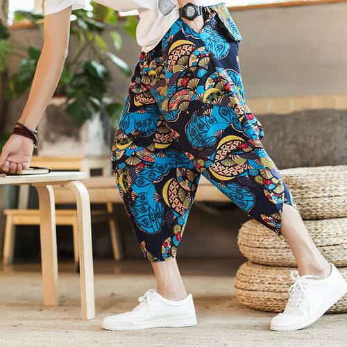 Cotton and linen cropped pants for men, floral harem