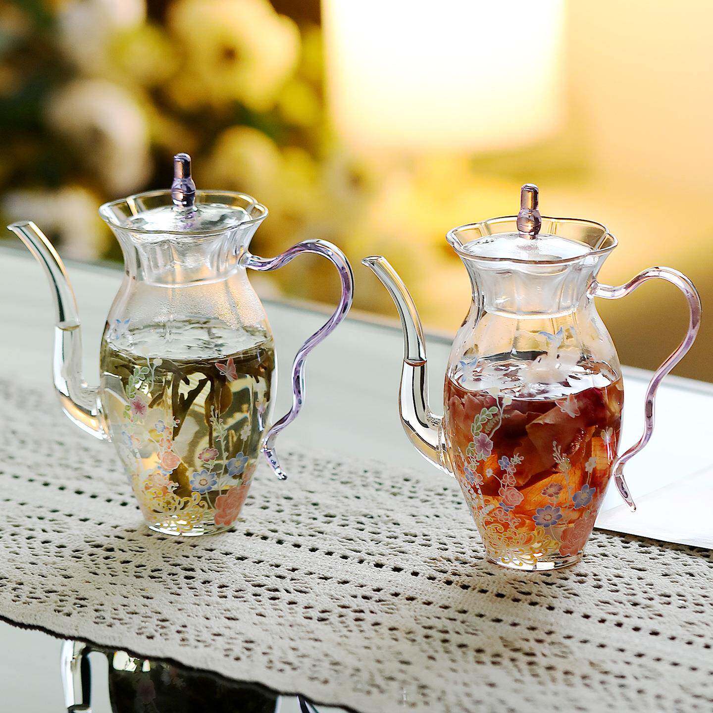 手工贴繁花似锦水仙壶花茶冷泡壶仿宋高硼硅玻璃执壶泡茶壶单壶