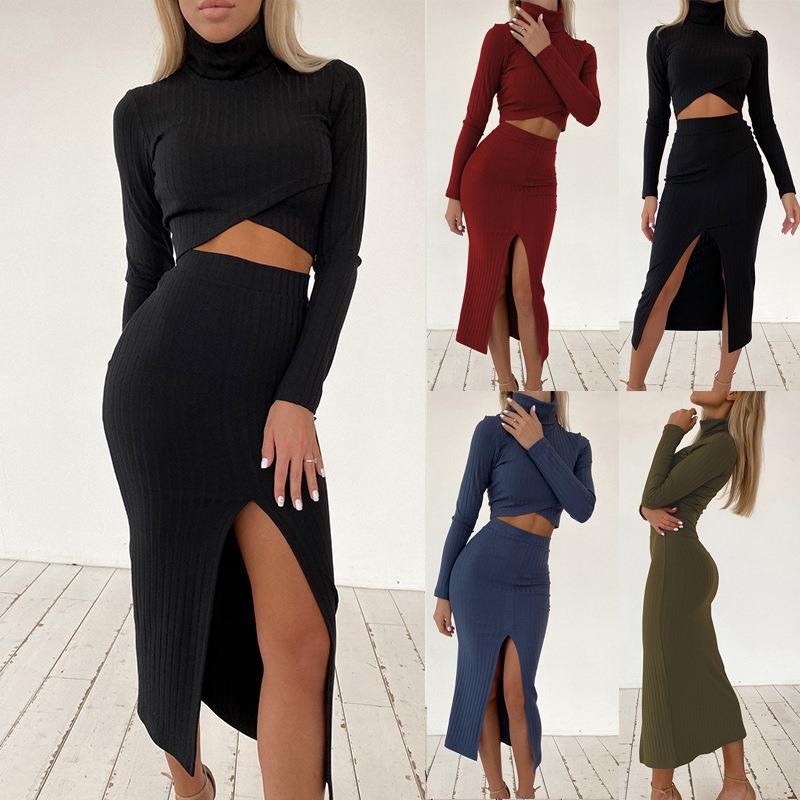 ribbed solid knit casual clothes out dress long winter