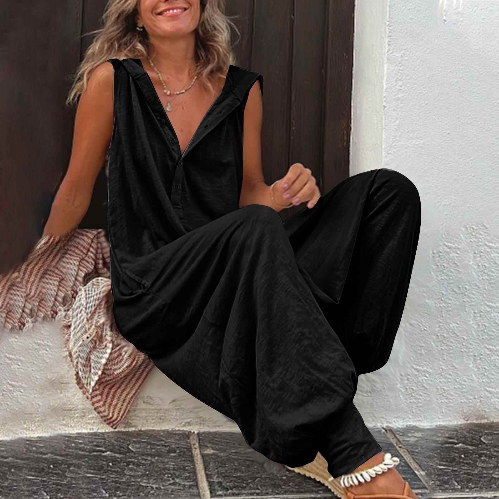 pants baggy jumpsuit trousers sleeveless hooded button-down