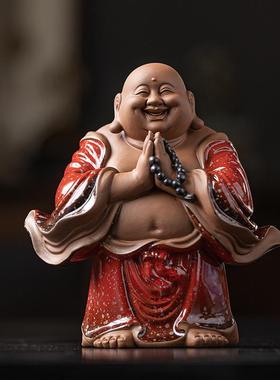 高档中式禅意紫砂弥勒佛陶古家瓷件居客厅茶室博架大肚摆笑佛装饰