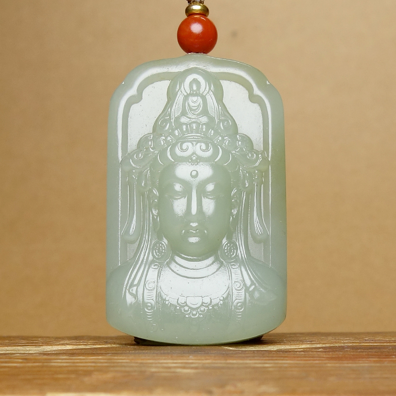 W一元起拍保真新疆和田玉青白玉细料苏工精雕观音吊坠28.52g