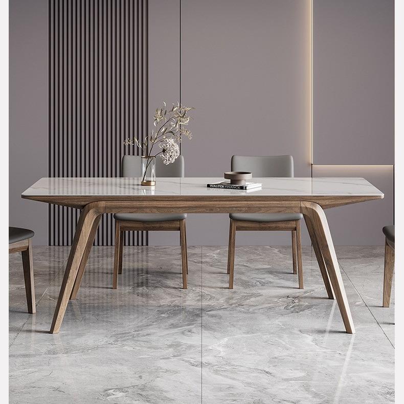 北欧亮光岩板餐桌实木白蜡木长方形家用餐桌现代极简小户型吃饭桌