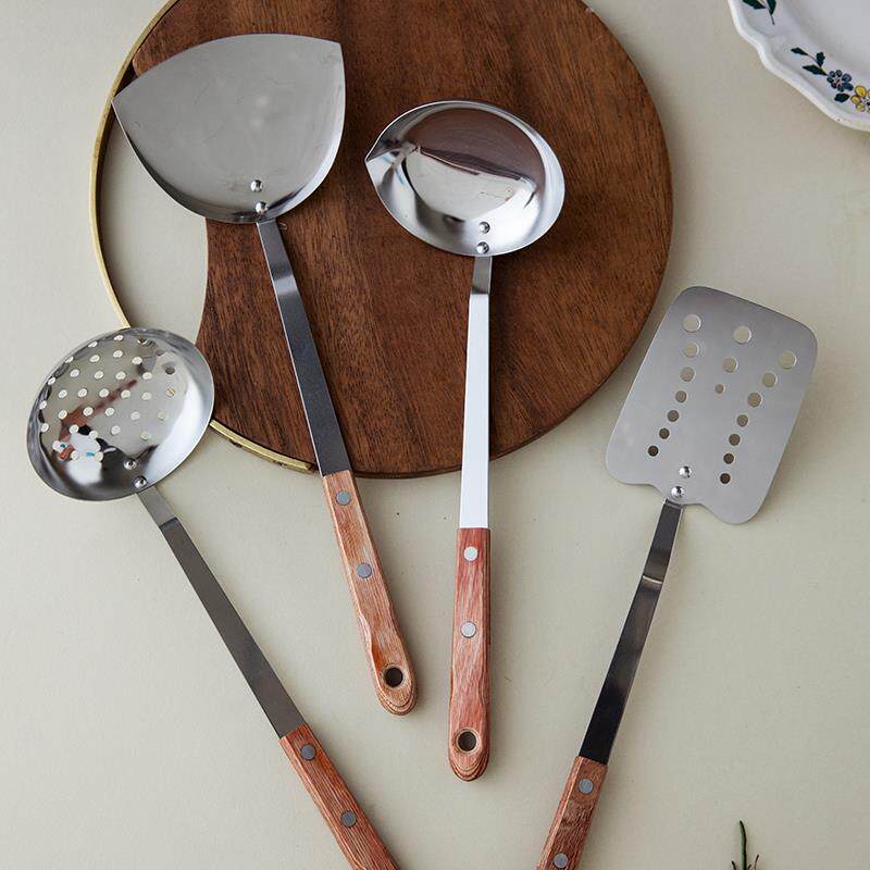 日本进口霜鸟制作所不锈钢汤勺炒菜煎铲子压泥器厨房工具木柄