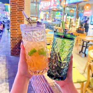 玻璃吸管水杯女新款2022高颜值家用成人办公室高级感带盖2023杯子