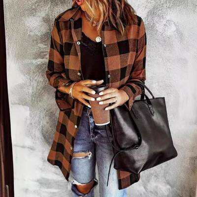 Shirt Womens Casual Gingham Shirt, Loose-Fitting Long