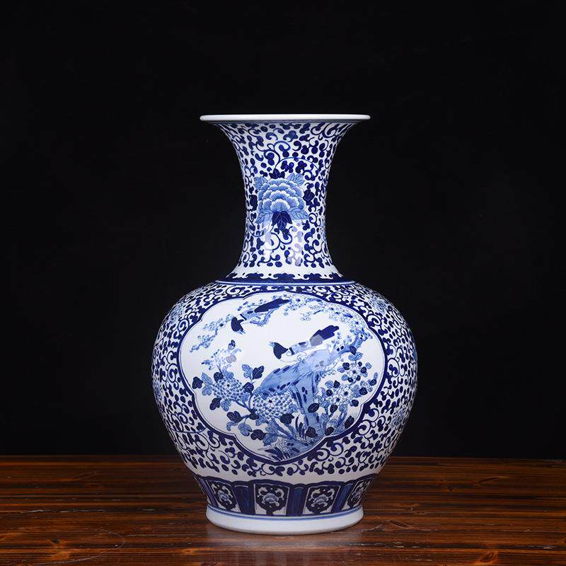 景德镇陶瓷大花瓶摆件 手绘青花瓷缠枝莲花鸟大赏瓶落地摆件装饰
