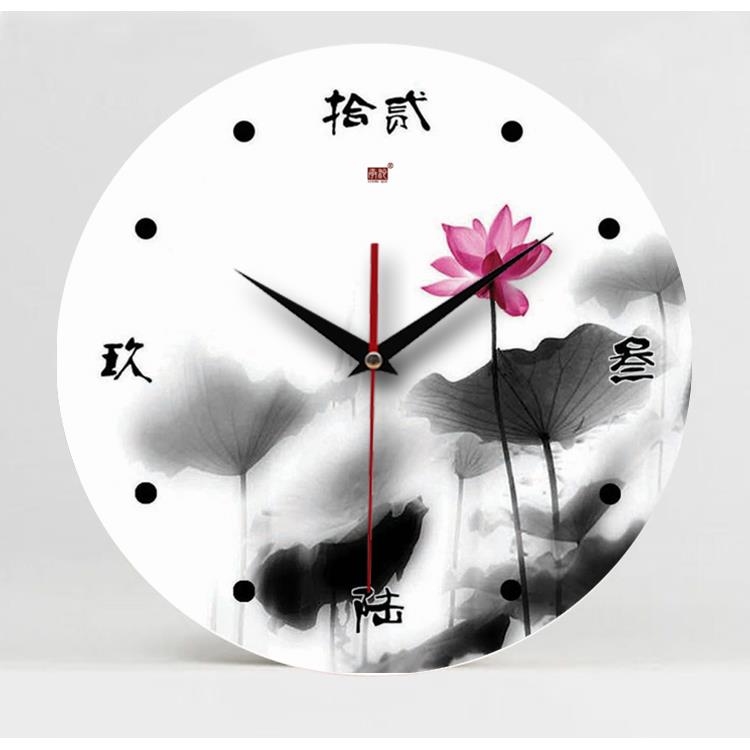 承沁个性创意钟表时钟挂钟客厅静音扫秒无框画钟时尚中式怀旧荷花