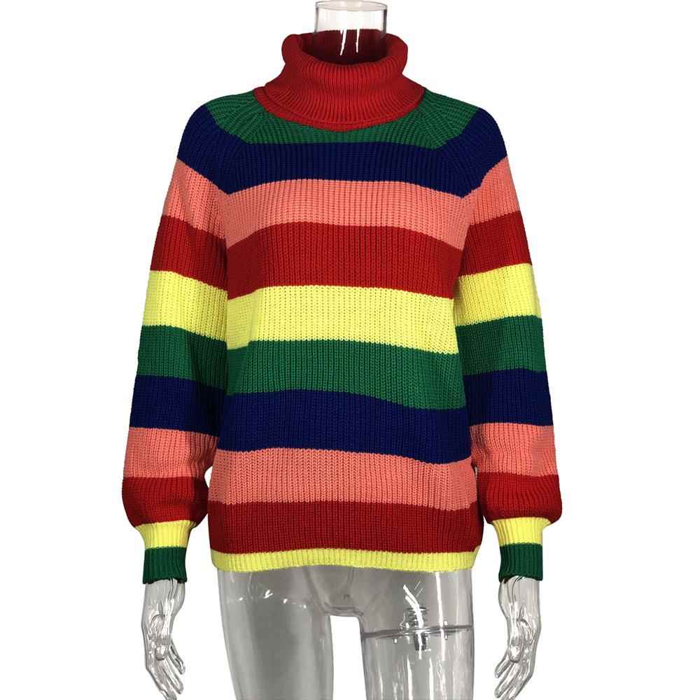 Knitted sweater high collar pullover contrast color long