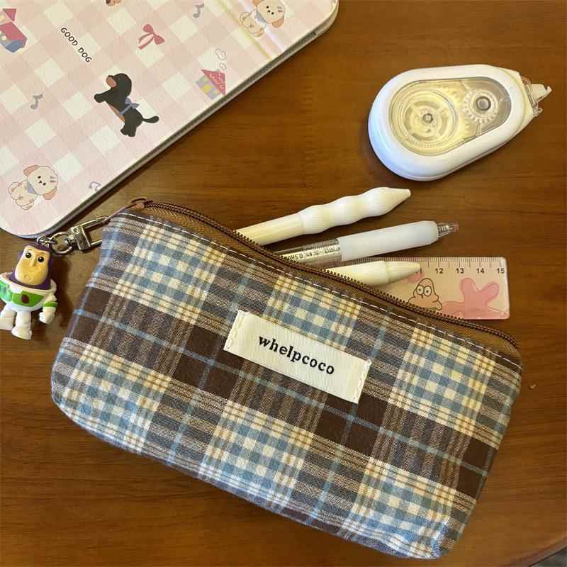 新款学院原创毛呢格子笔袋森林复古女学生大容量文具盒韩版收纳袋