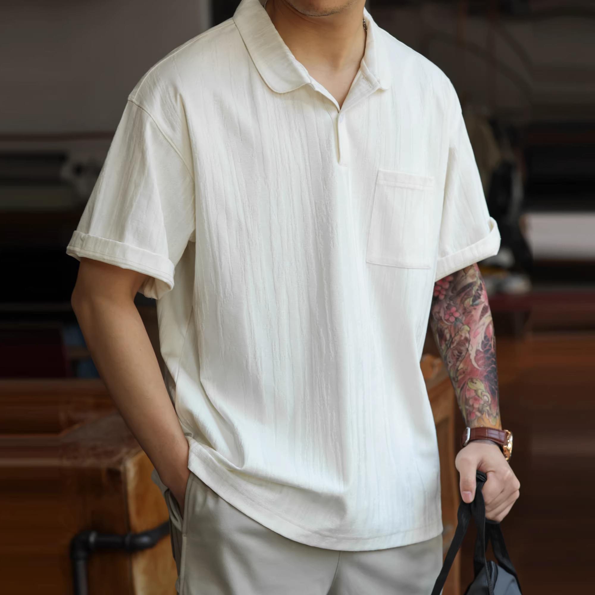法国高端 美式提花纹理翻领polo衫男宽松休闲230g透气亲肤短袖T恤