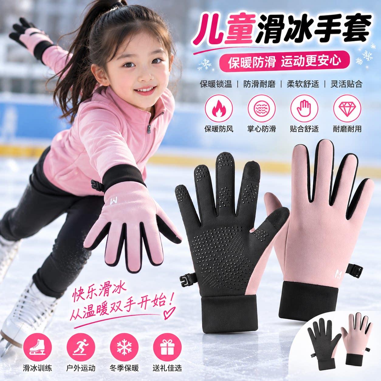冬季儿童花样滑冰专用手套溜冰玩雪加绒保暖骑行滑雪户外运动上学