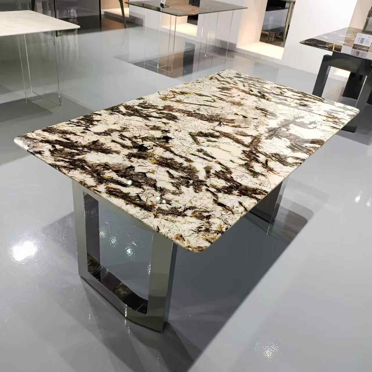 现代不锈钢蓝水晶长方形雪山飞狐卡里冰玉奢石天然大理石餐桌餐台