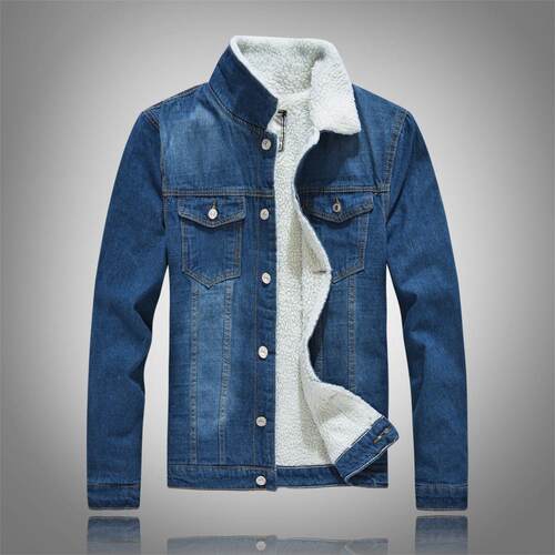 Men's plus size woolen denim jacket blue long sleeved