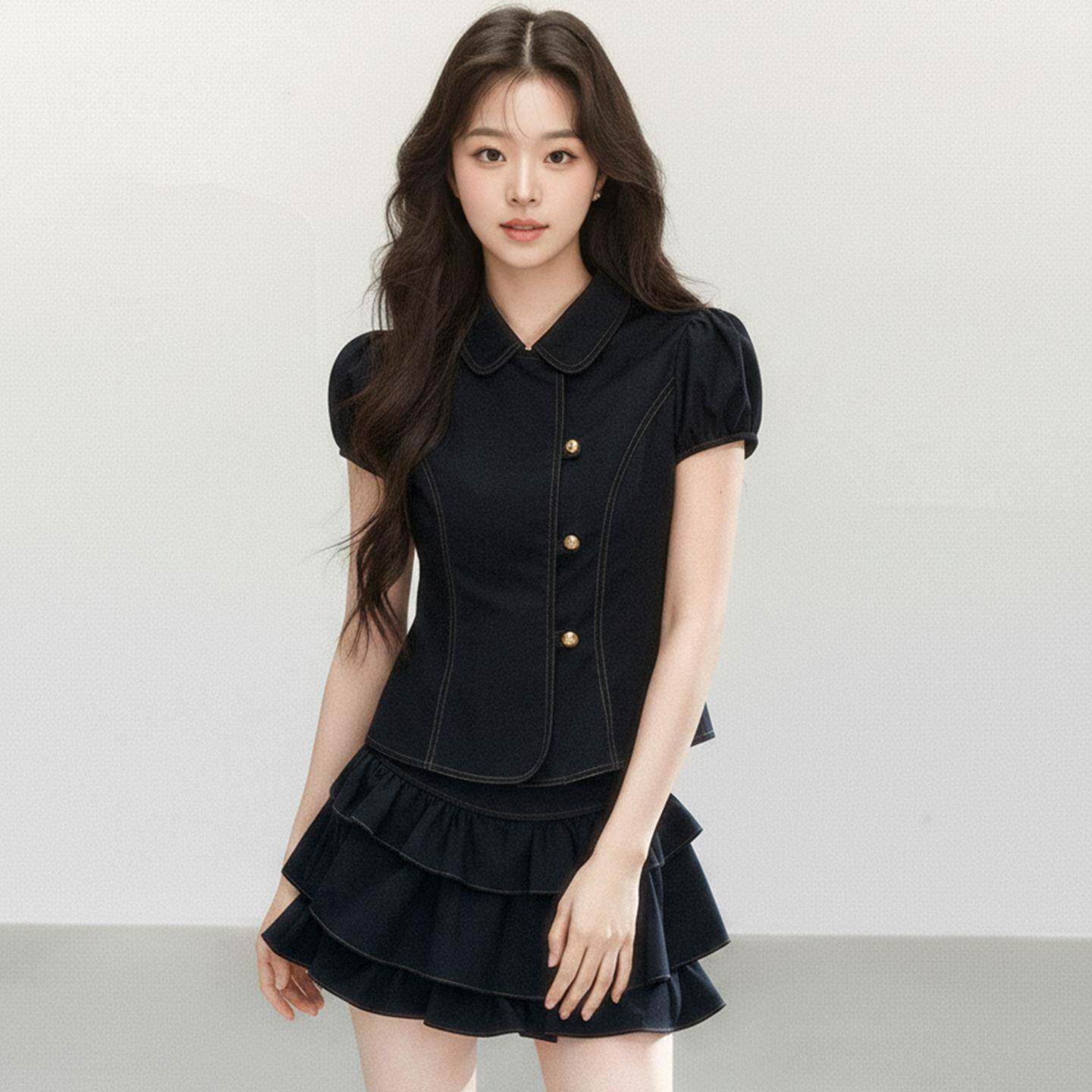 JYZYQDQD辣妹穿搭学院风娃娃领收腰短袖衬衫蛋糕短裙子套装女夏季