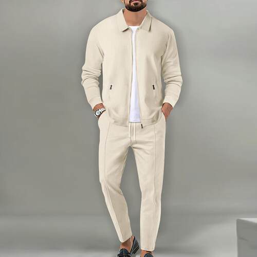 Men's Solid Zip Up Jacket & Drawstring Waist Pants Two-piece