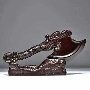 黑檀木雕龙头斧子摆件家居客厅装 坐福新居搬家乔迁送礼品 饰品中式