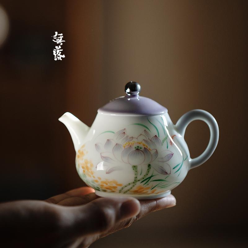 无落景德镇手绘莲花小茶壶陶瓷描白金茶壶小号泡茶壶家用喝茶过滤