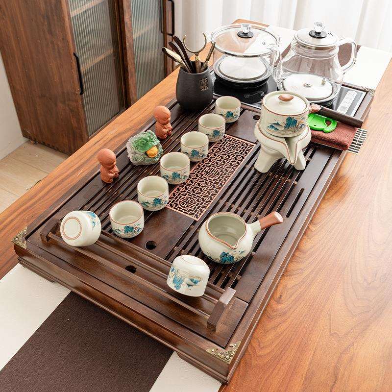 全自动汝窑茶具套装玻璃烧水壶一体茶台上水实木茶盘家用功夫现代