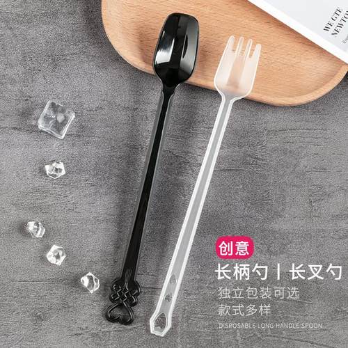 21cm长柄水果茶叉勺单独包装塑料烧仙草勺奶茶店专用一次性长勺子