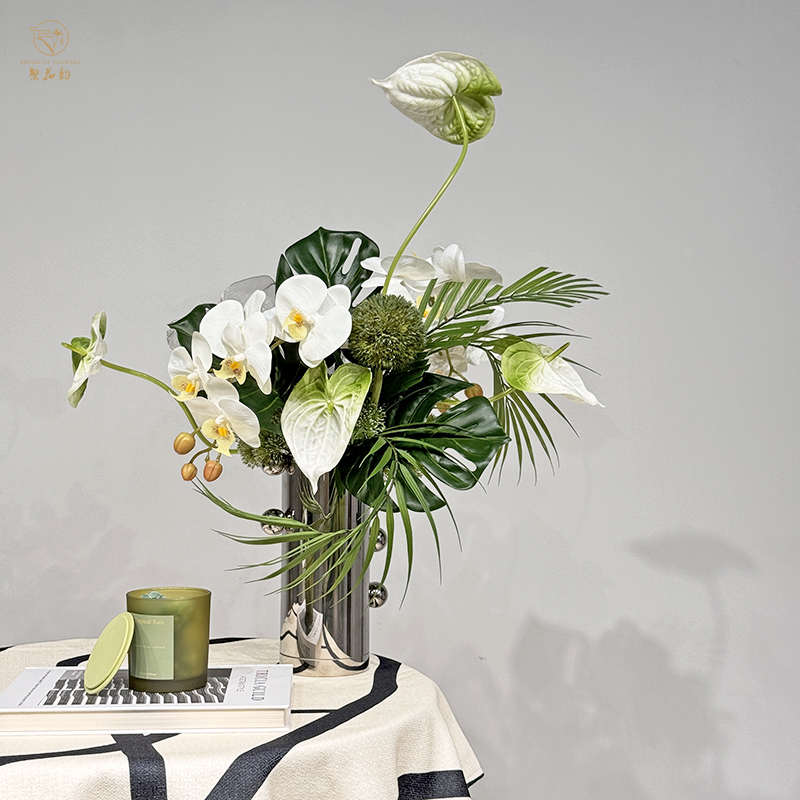 现代自然风白绿色系仿真花设计感银色花器插花套装样板间餐桌摆件