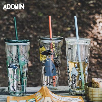 芬兰姆明moomin玻璃随手吸管杯咖啡水杯随行便携隔热户外杯子带盖