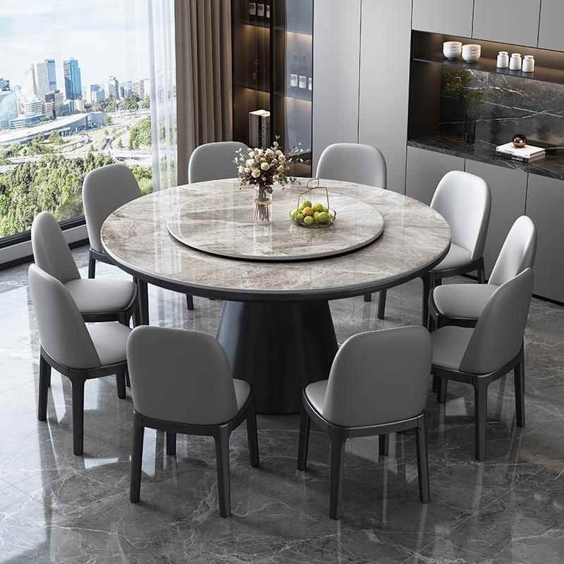 轻奢岩板餐桌椅现代简约2025新款家用实木圆形带转盘吃饭桌大圆桌