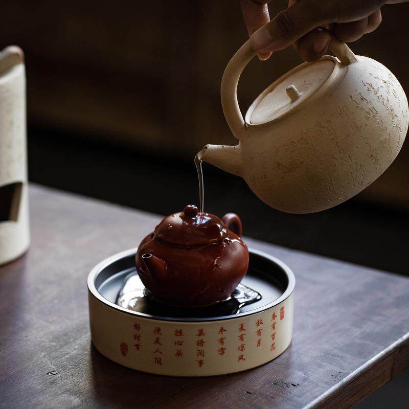 松石绿釉壶承小号陶瓷茶盘蓄水储水皮球花锡盖干泡盘茶托茶台