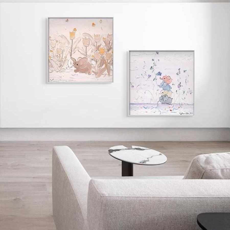 悠长假期沙发背景墙双联挂画客厅餐厅高级感油画正方形小象装饰画图片