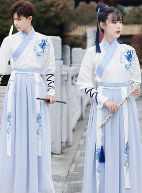 出租青花引改良交领齐腰双层汉服情侣男女武侠演出服CP古装租赁
